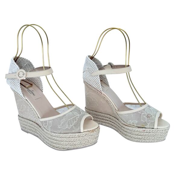VALENTINO GARAVANI Mesh Lace Leather Espadrille Wedge EU 39 US 9 Platform Sandal - Picture 2 of 12